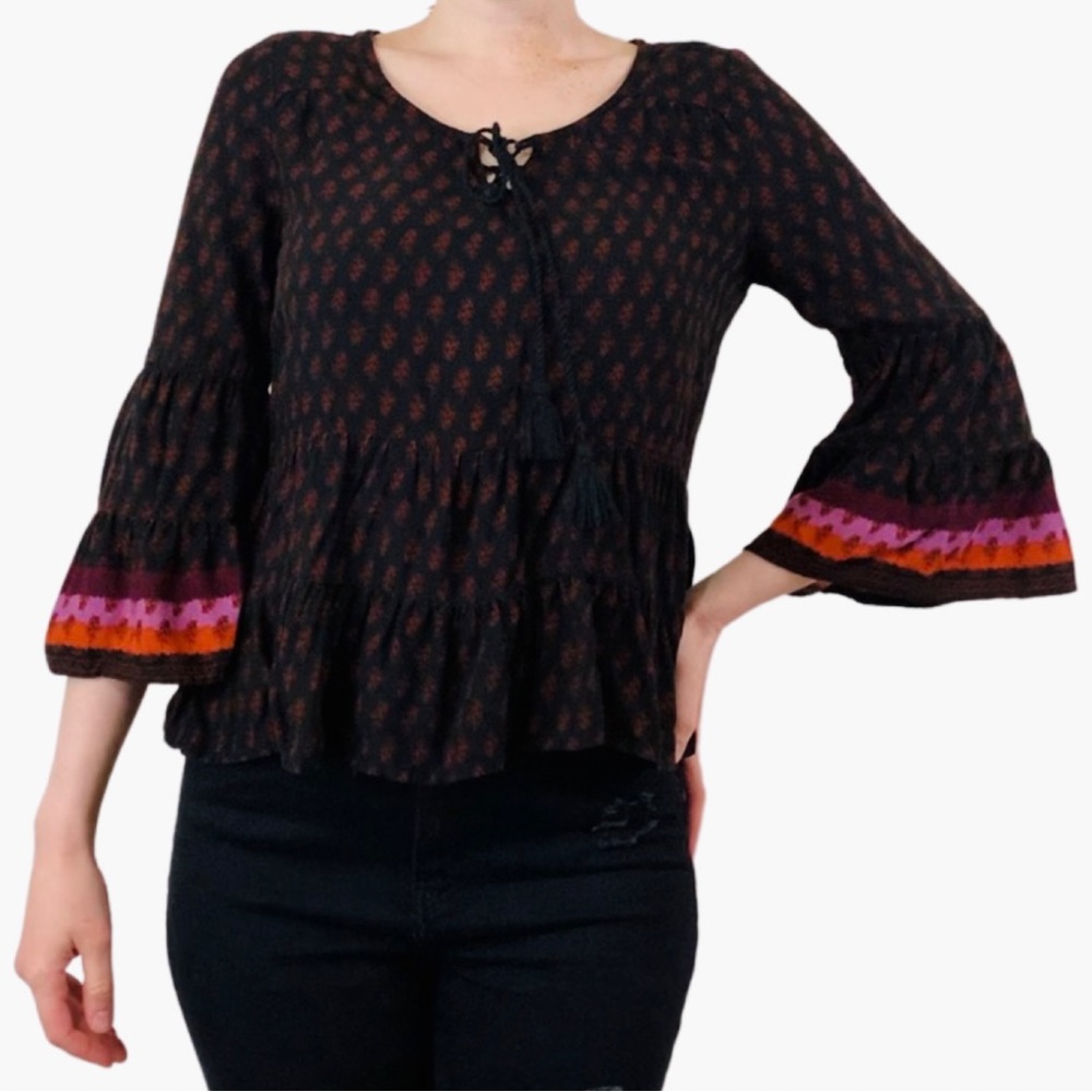 Mudd Peplum High Low Peasant Top Blouse Flared Sleeves Boho Tassels Fall Y2K